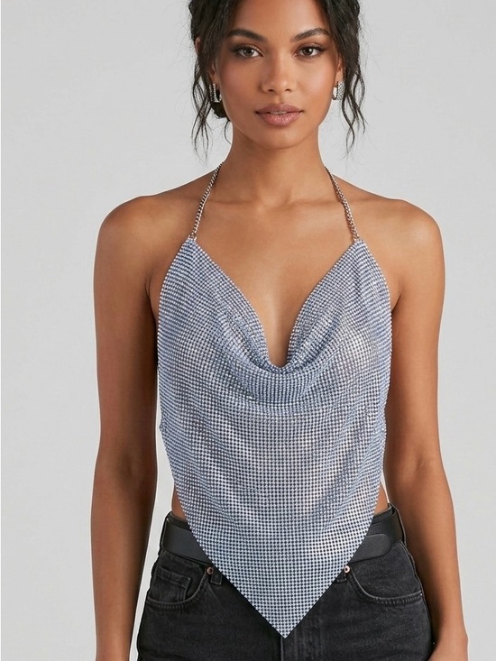 House of Harlow 1960 Tops - House of Harlow 1960 Rhinestone Halter Top Metallic Chainmail Cowl Neck Cami